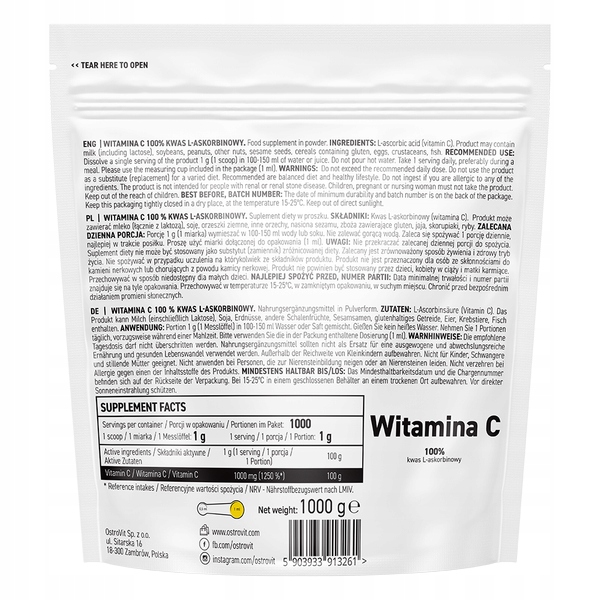 OstroVit Vitamin C W Proszku1000gram Wsparcie Odporności I Antyoksydacji