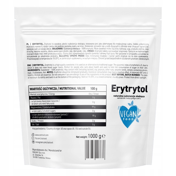 Erytrytol Naturalny Słodzik Zamiennik Cukru 0 Kalorii Ostrovit 1000g