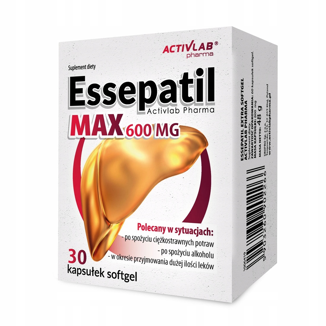 Essepatil Max 600mg. Trawienie, Wątroba. 30 kaps.